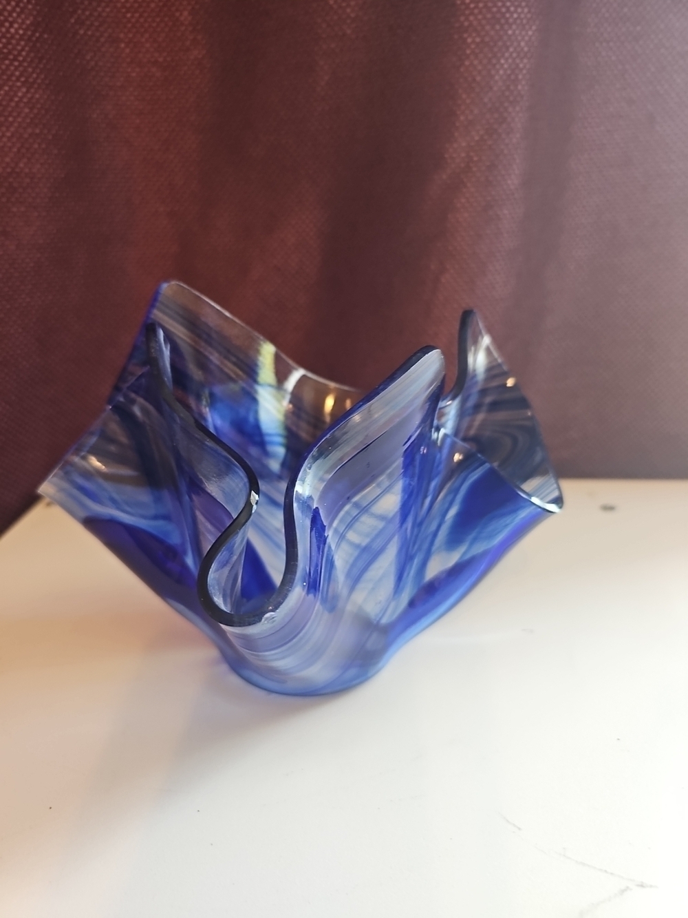 Handblown Blue Glass Art Bowl - Decorative Home Accent